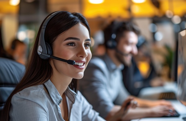 Customer service rep smiling on call